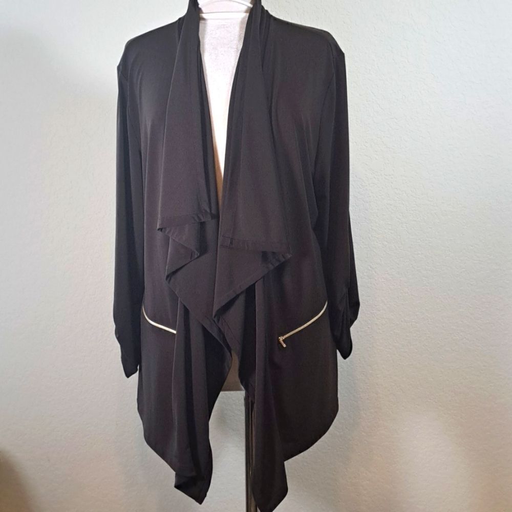 Chico’s Cardigan Brown Drape Front Top Stretch Roll Tab Sleeve Size 2 US L/12